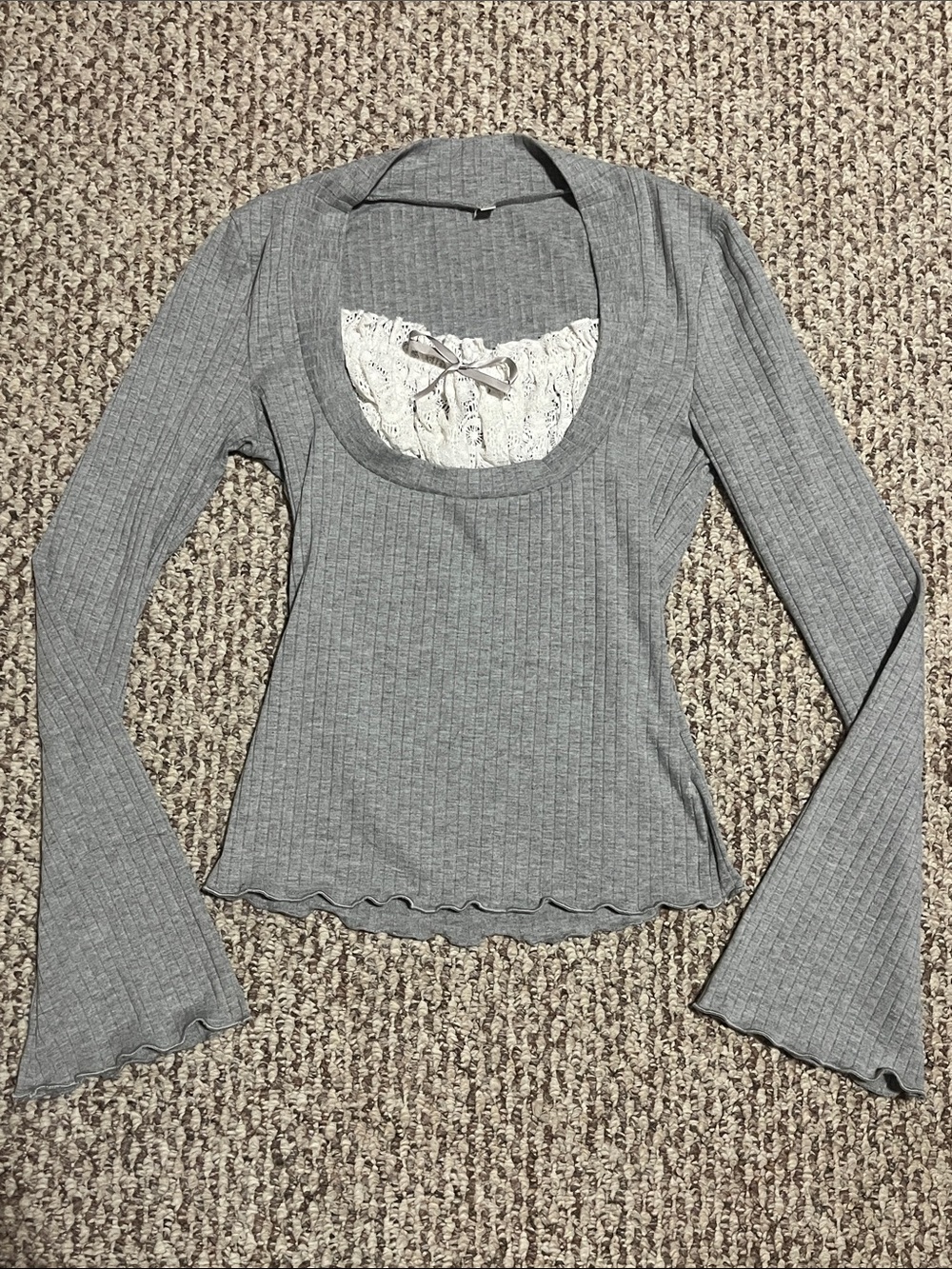 Women's Gray Rib-Knit Long Sleeve Top with Lace Inset